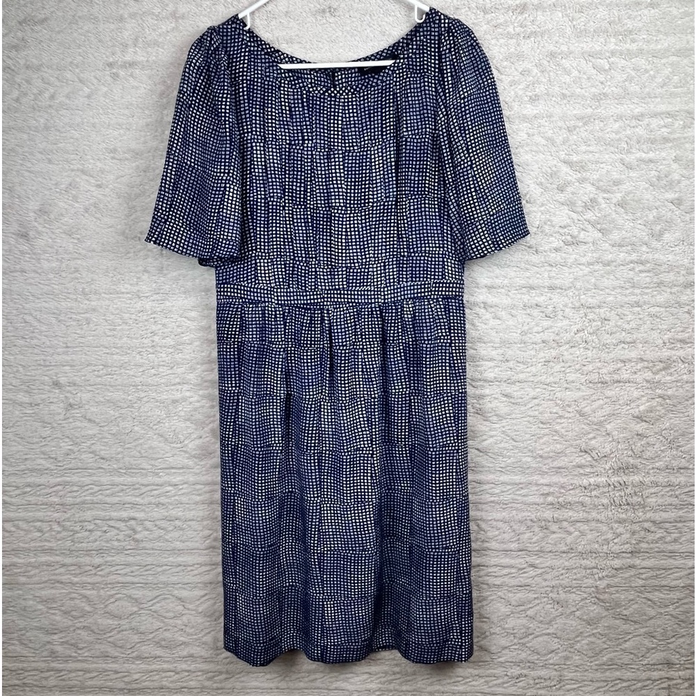 BANANA REPUBLIC 100% Silk Midi Dress Size 10 Tall Career Wear Blue White Check